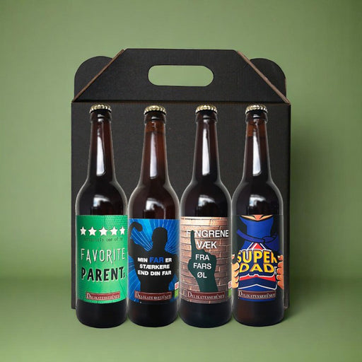 Gaveæske med øl til Fars Dag. Den perfekte gave til fars dag d. 5. juni med fire danske specialøl med fede designs. Dansk økologisk øl fra danske mikrobryggerier