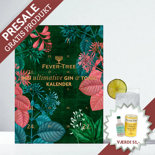 Gin & Tonic julekalender med 24 låger – indeholder 5 cl gin eller 15 cl Fever-Tree tonic hver dag, nok til 12 perfekte gin & tonics fra december til juleaften.	