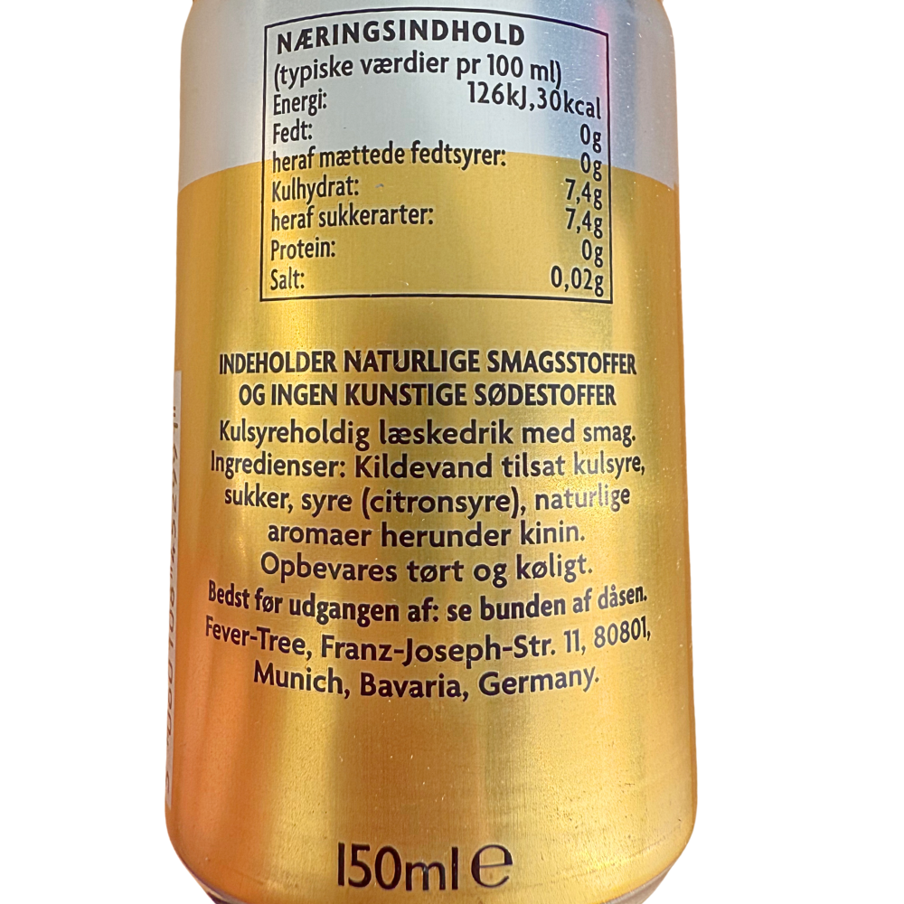 Næringsindhold og ingrediensliste for Fever Tree Premium Indian Tonic Water på dåse.