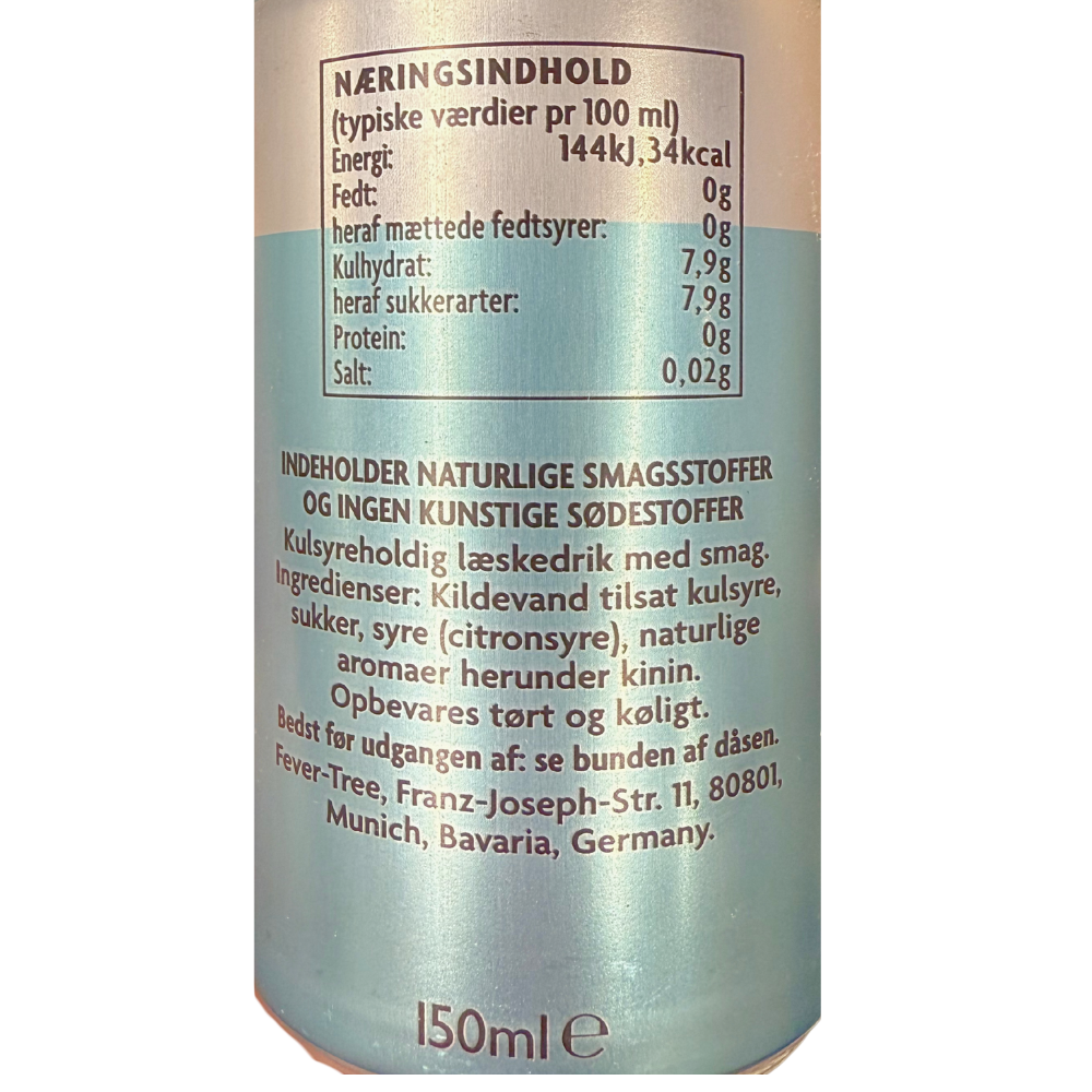 Næringsindhold og ingrediensliste på en Fever-Tree Mediterranean Tonic dåse.