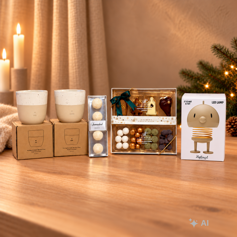 Adventskalender til par fra Delikatessehuset med HIS og HERS kaffekrus, Hoptimist Bumble LED lampe, Summerbird Snowballs og juleæske fra Aalborg Chokoladen