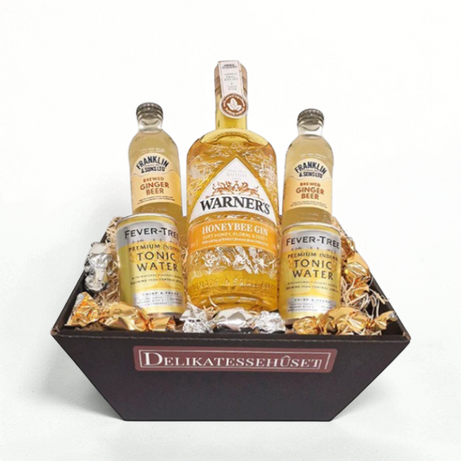 Gavekurv med alt til en god drink med honning gin, ginger beer og tonicvand
