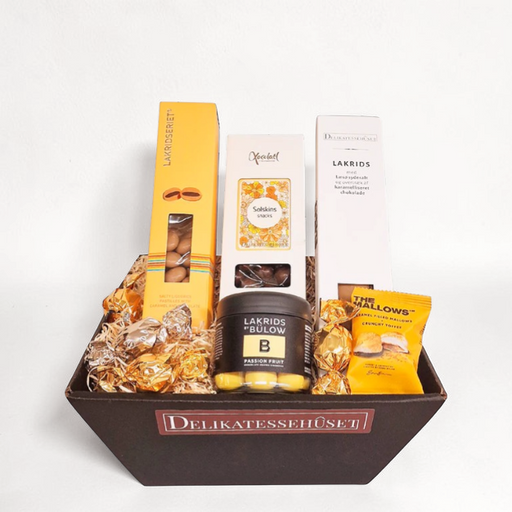 Smuk gul gavekurv med danske lækkerier, send en solskinshilsen til en du holder af