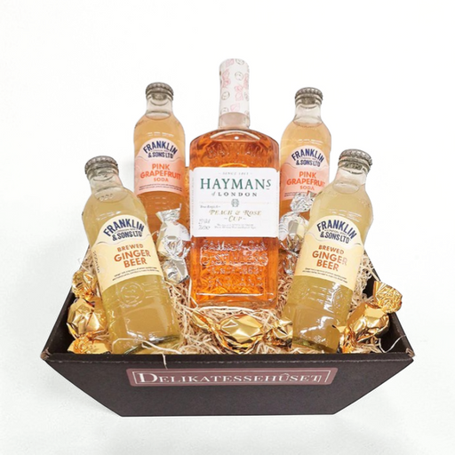 Gin&tonic gavekurv med fersken og rose gin og tonicvand fra franklin & sons
