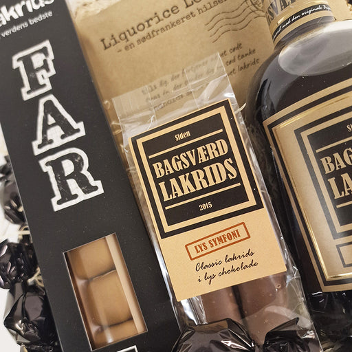 Gavekurv med Bagsværd Lakrids til Fars dag. Forkæl din far med Danmarks (nok) bedste lakrids.