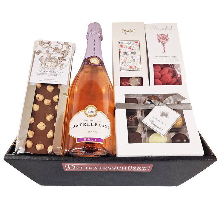Gavekurv m. rosé bobler og chokolade