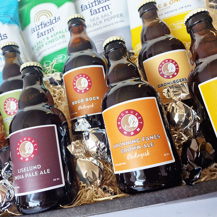 Gavekurv med 7 forskellige øl fra Møn Bryghus. 