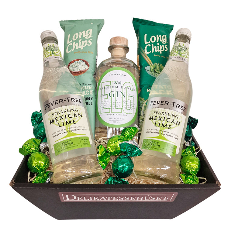 Gavekurv med Elg Gin, Fever-Tree Mexican Lime tonic, Long Chips og chokolade fra Delikatessehuset.