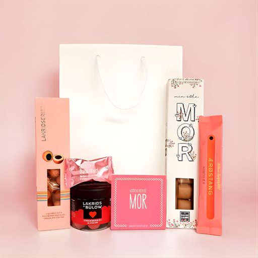 Flot gavepose til mor med chokolade, lakridskugler, lakrids by bulow og lakridskonfekt.