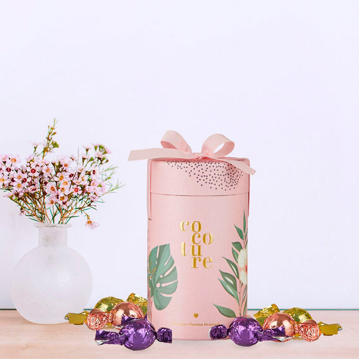 Gavekurv -smukt gaverør med fyldte chokolader fra Cocoture, vælg indhold