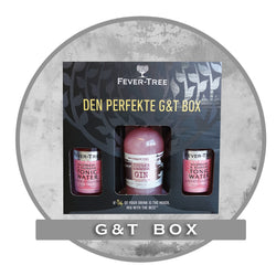 Den perfekte gin og tonic box med to flasker Fever Tree tonic og en lækker gin