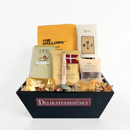 Gul mors dag gave med håndlavet keramikflag og søde sager