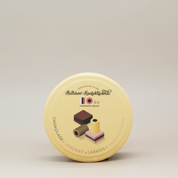 Jubilæumsæske med lakridskonfekt fra Hattesen