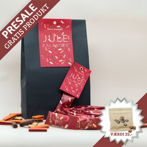 Dansk julekalender med håndlavet lakridskonfekt fra Hattesens Konfektfabrik – rød pose med 2,5 meter lang guirlande fyldt med konfekt i smagene jordbær, blodappelsin, ingefær, lakrids og chokolade. Nr: 2 Håndlavet lakridskonfekt fra Ærø i en julekalender – enkel rød pose med guirlande af farverigt konfekt i fem forskellige smagsvarianter.	