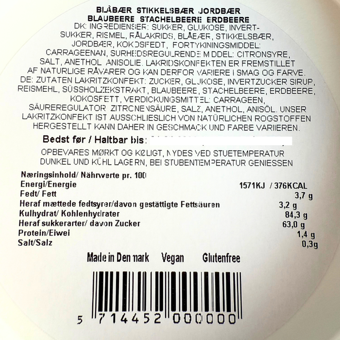 Håndlavet lakridskonfekt med frugt, æske fra Hattesen's Konfektfabrik