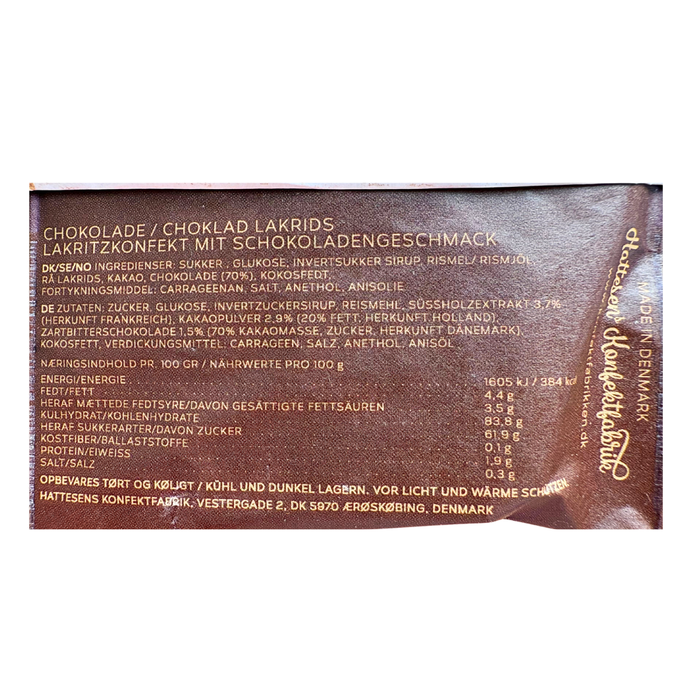 Lille pose med chokolade lakridskonfekt fra Hattesen's Konfektfabrik