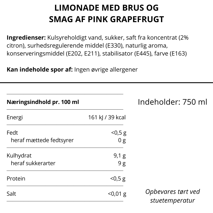 Næringsindhold og ingrediensliste for limonade med brus og smag af pink grapefrugt.
