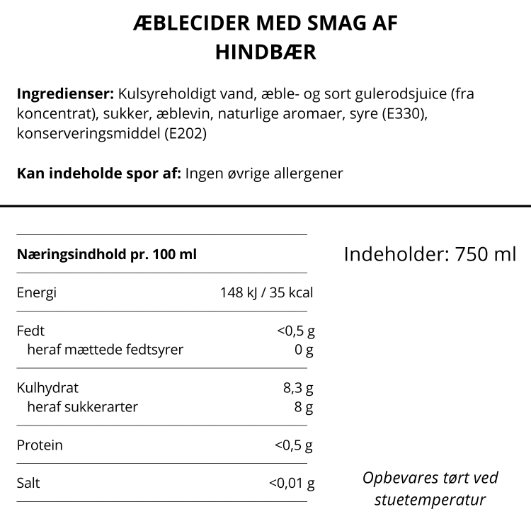 Oversigt over ingredienser og næringsindhold for Himmelstund æblecider med smag af hindbær.