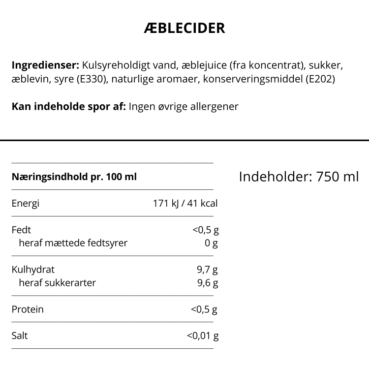 Ingrediensliste og næringsindhold for æblecider læskedrik på delikatessehuset.dk.