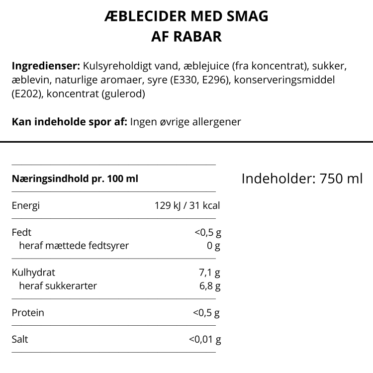 Varedeklaration og næringsindhold for æblecider med smag af rabarber fra Delikatessehuset.