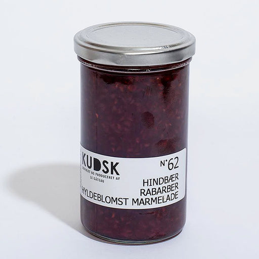Kudsk No.62 hindbær rabarber hyldeblomst marmelade | Online hos Delikatessehuset