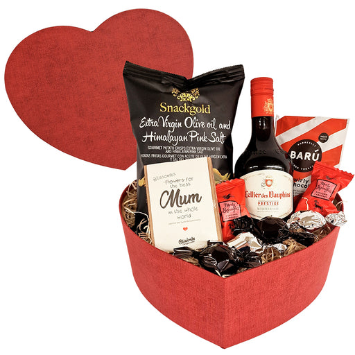 Flot gavehjerte med vin, chokolade, chips og blossombs til morsdag