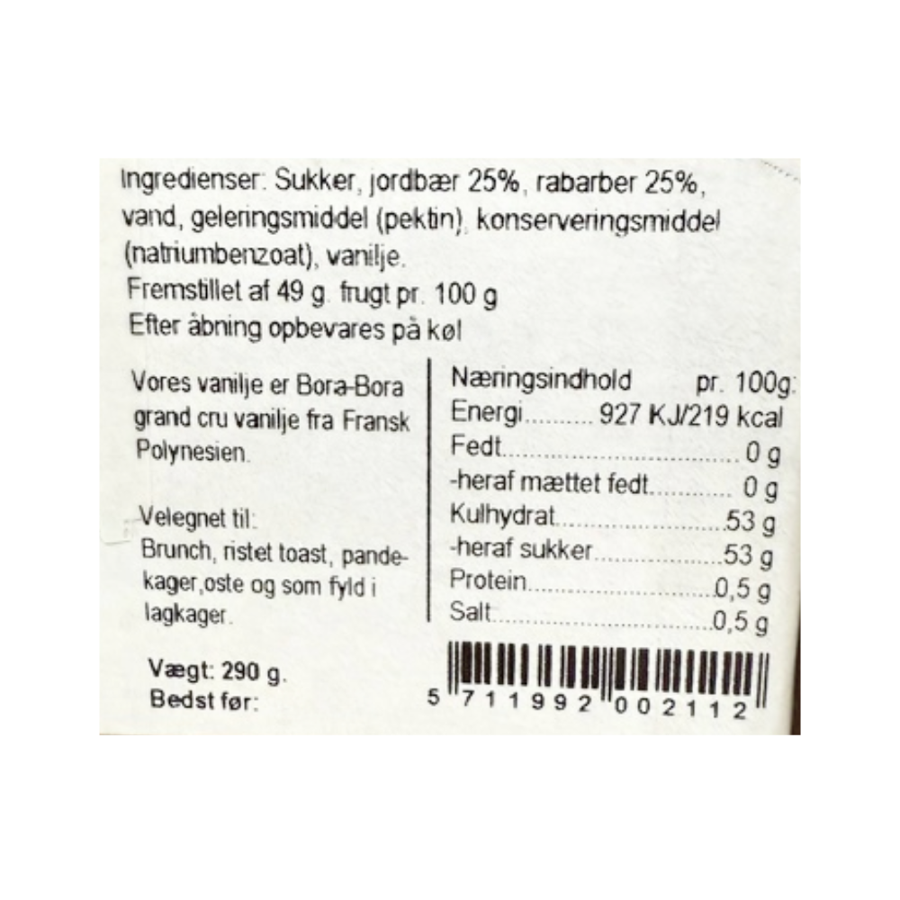Næringsindhold og ingrediensliste for Hr. Skov Jordbær-Rabarber marmelade med vanilje fra Bora-Bora.