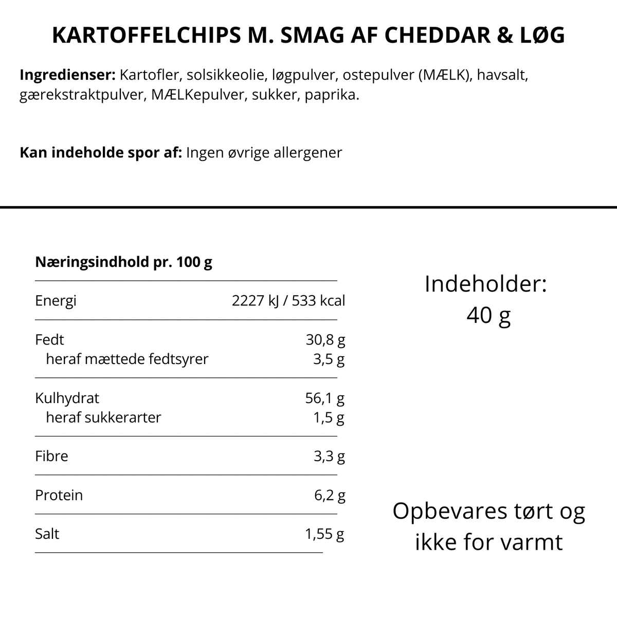 Ingrediensliste og næringsindhold for kartoffelchips med smag af cheddar og løg.