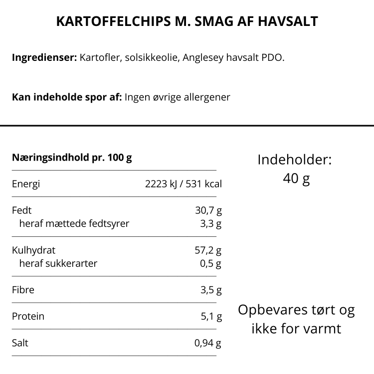 Ingrediensliste og næringsindhold for kartoffelchips med havsalt fra Burts Chips.
