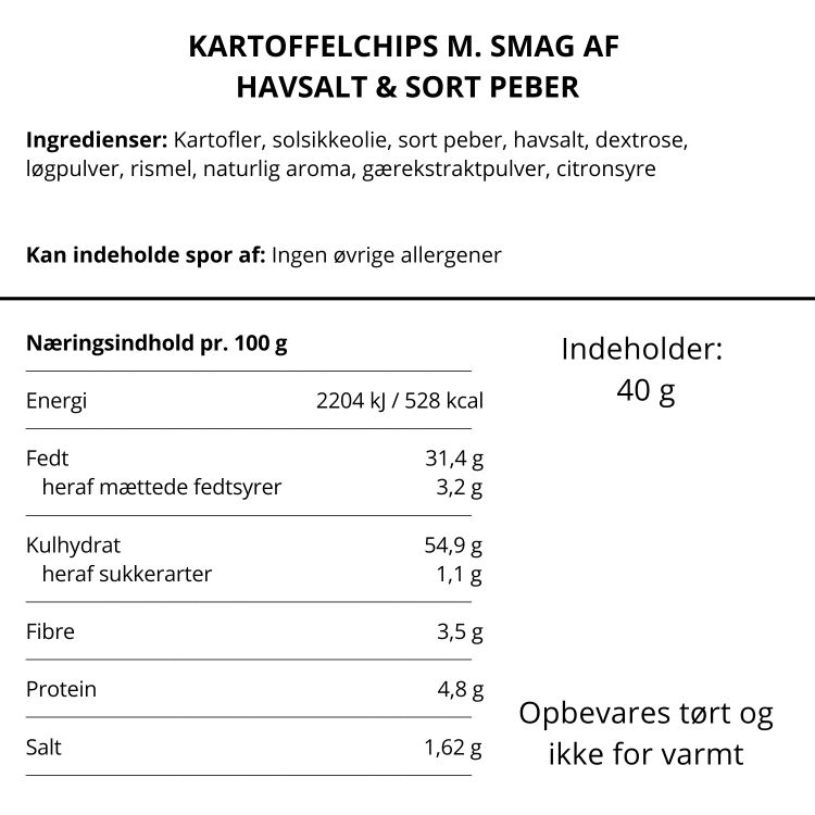 Ingrediensliste og næringsindhold for kartoffelchips med smag af havsalt og sort peber.