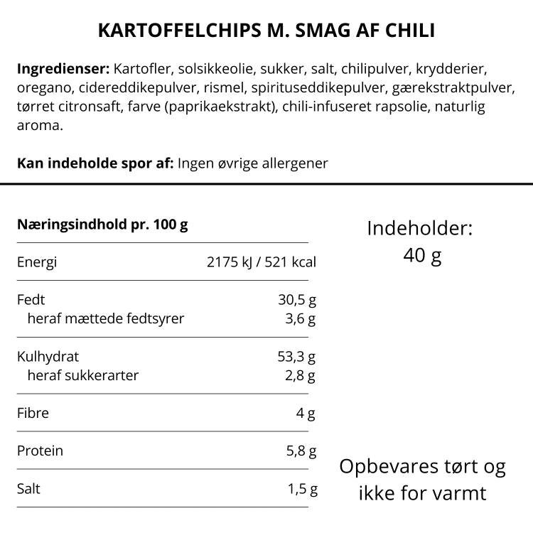 Oversigt over ingredienser og næringsindhold for kartoffelchips med smag af chili fra Burts Chips.