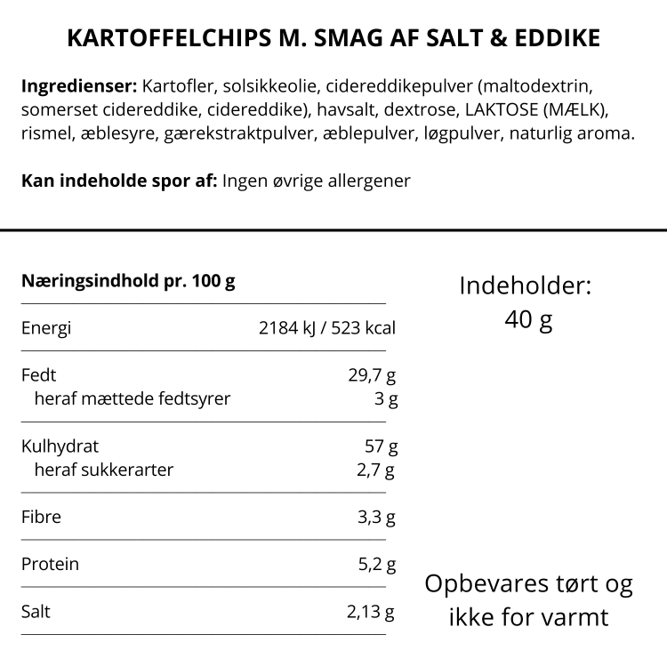 Ingrediensliste og næringsindhold for Burts kartoffelchips med smag af salt og eddike.