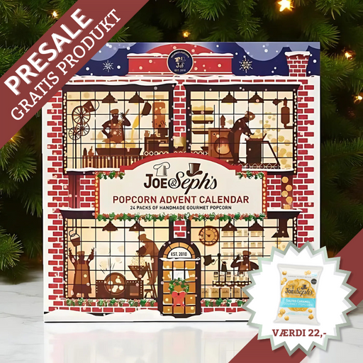 Gourmet popcorn julekalender – eventyrlig julebog med 24 låger, der gemmer 19 unikke smagsvarianter, inkl. klassikere, julesmage og limited editions.	