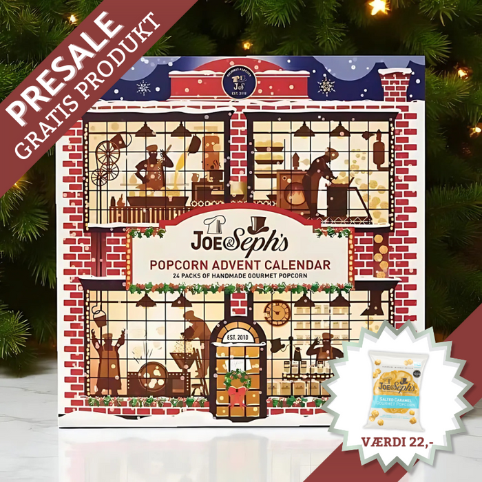 Gourmet popcorn julekalender – eventyrlig julebog med 24 låger, der gemmer 19 unikke smagsvarianter, inkl. klassikere, julesmage og limited editions.	