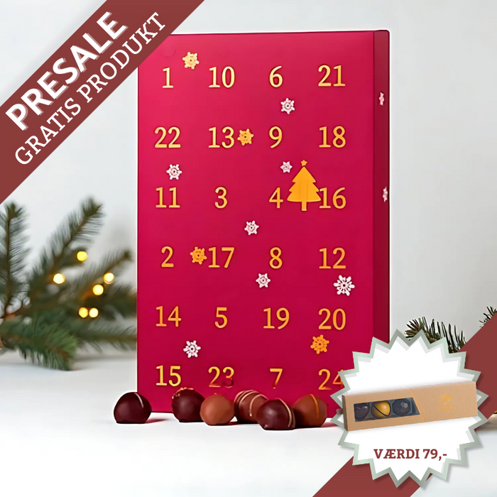 Julekalender med romkugler – 24 chokoladeovertrukne trøffelkugler med flydende karamel og 12 forskellige smagsvarianter. Perfekt gave til romkugle-elskere.