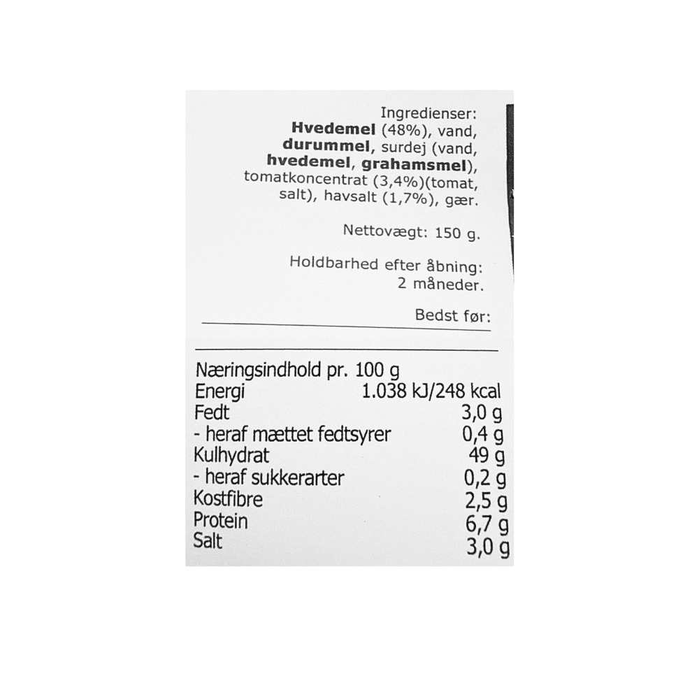 Ingrediensliste og næringsindhold for Kudsk hvedechips med tomat og havsalt på dansk.