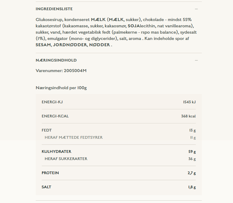 Ingrediensliste og næringsindhold for flødekarameller med sydesalt fra Karamel Kompagniet.
