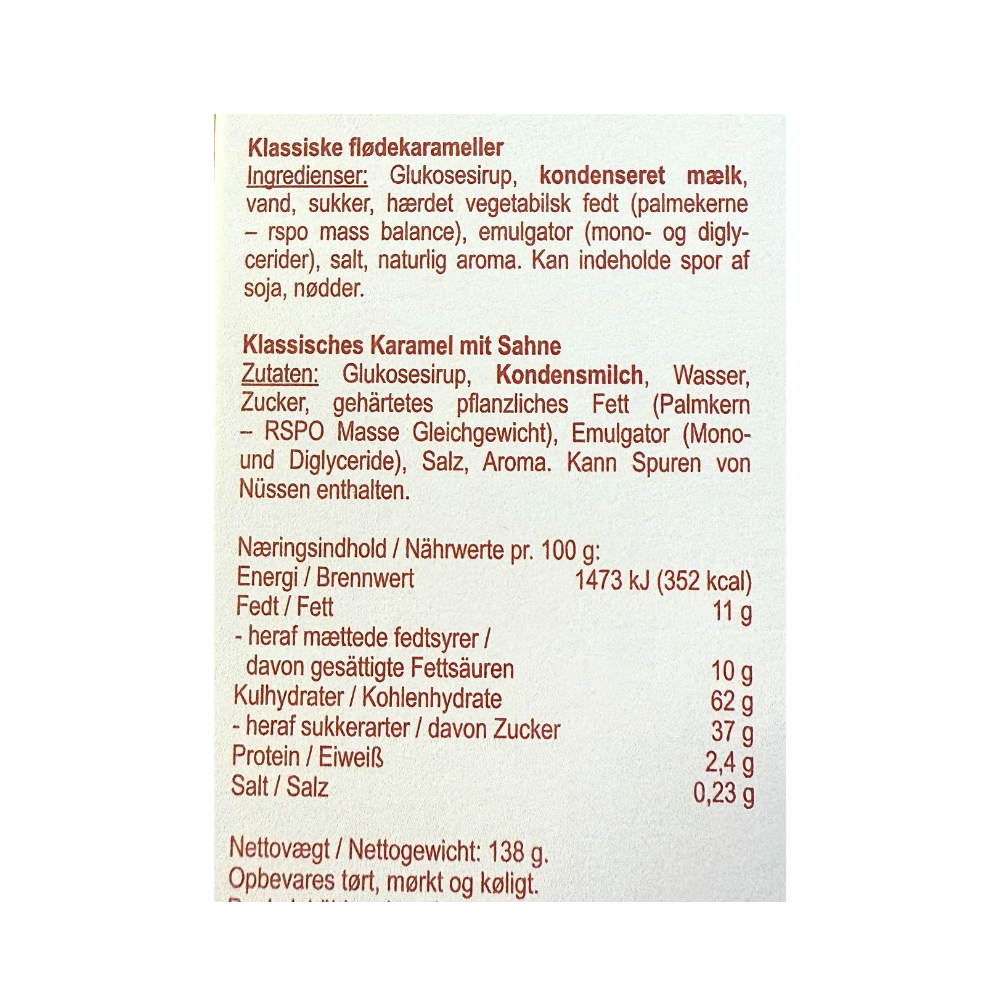 Ingrediensliste og næringsindhold for klassiske flødekarameller fra Karamel Kompagniet på dansk og tysk.