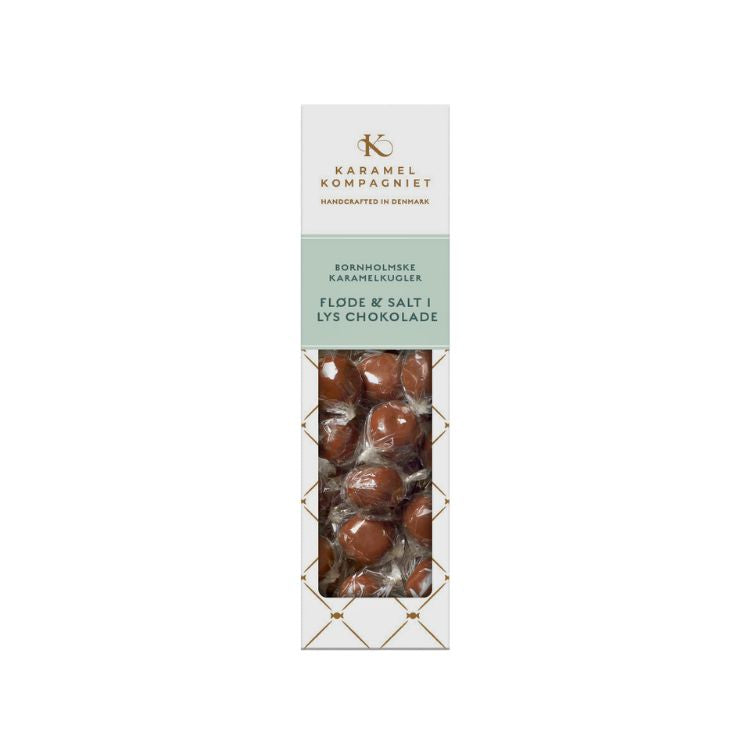 Karamel Kompagniet Bornholmske karamelkugler med fløde og salt i lys chokolade.