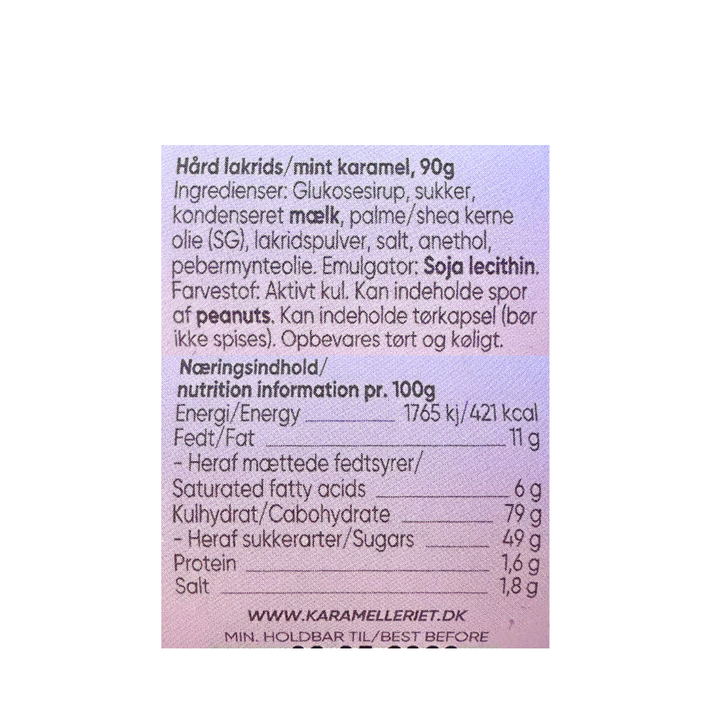 Ingrediensliste og næringsindhold for Karamelleriet Bornholmsk Granit hård lakrids og mint karamel.