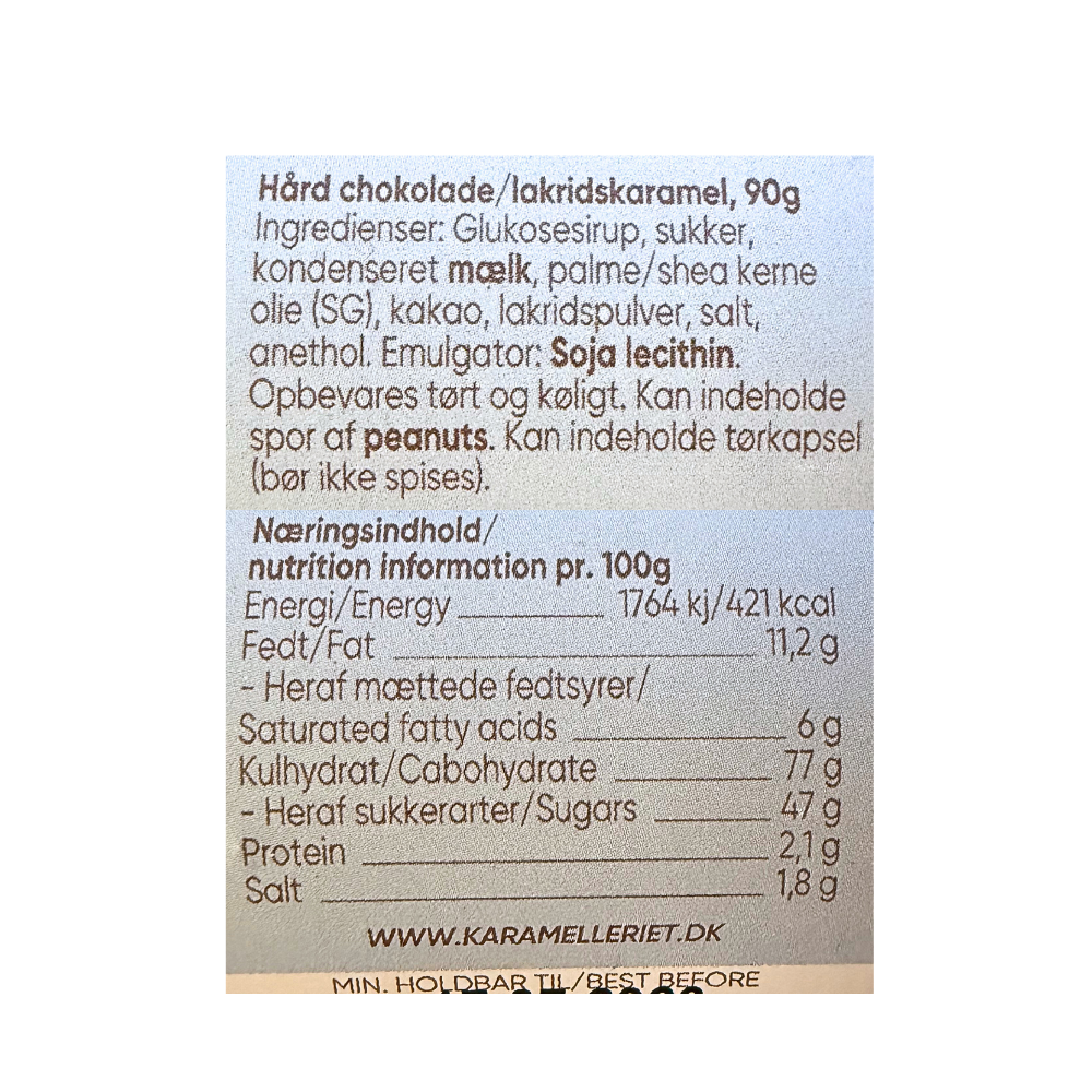 Næringsindhold og ingrediensliste for Karamelleriet Marksten hård chokolade og lakridskaramel.