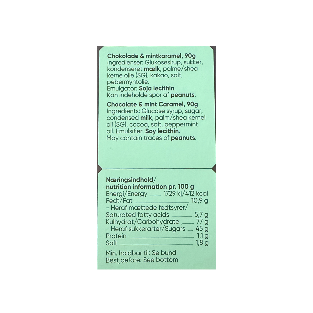 Ingrediensliste og næringsindhold for Karamelleriet chokolade og mintkaramel på grøn baggrund.