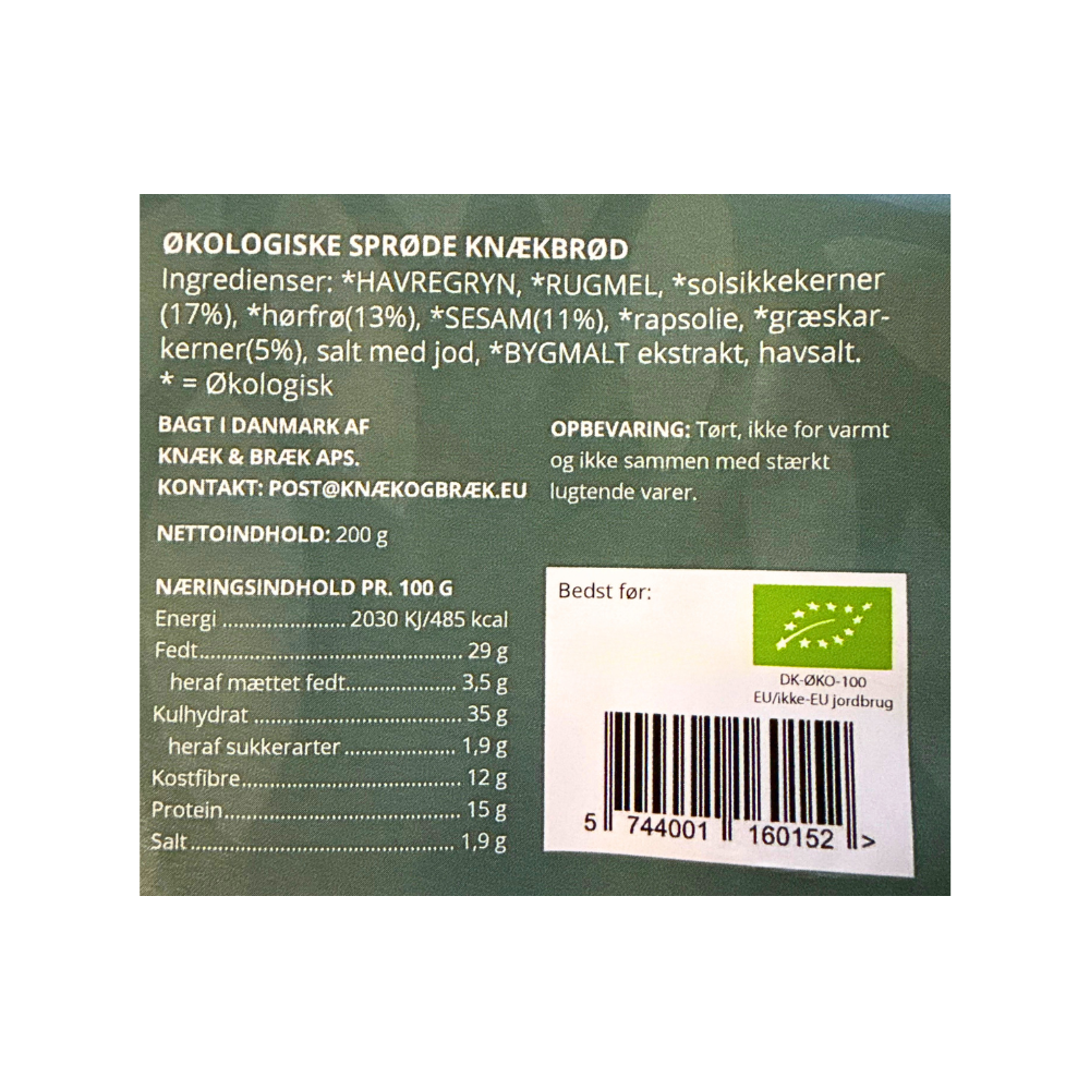 Ingrediensliste og næringsindhold for økologiske sprøde knækbrød med flerkerner fra Knæk og Bræk.