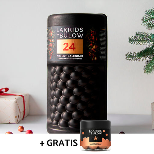 Lakrids by Bülow familiejulekalender med 24 låger i form af en stor rund bøtte.