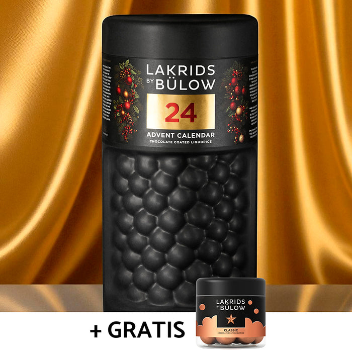 Lakrids by Bülow familiejulekalender med 24 låger i form af en stor rund bøtte.