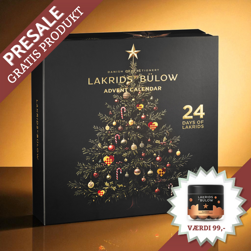 Johan Bülow lakridsjulekalender med 24 låger, fyldt med dansk gourmetlakrids, chokoladeovertrukne lakridskugler og Limited Editions.	