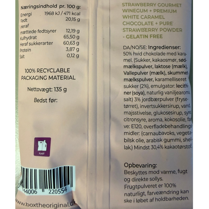 Vingummi med karamel chokolade og jordbær. XL Snackpack - Box the original