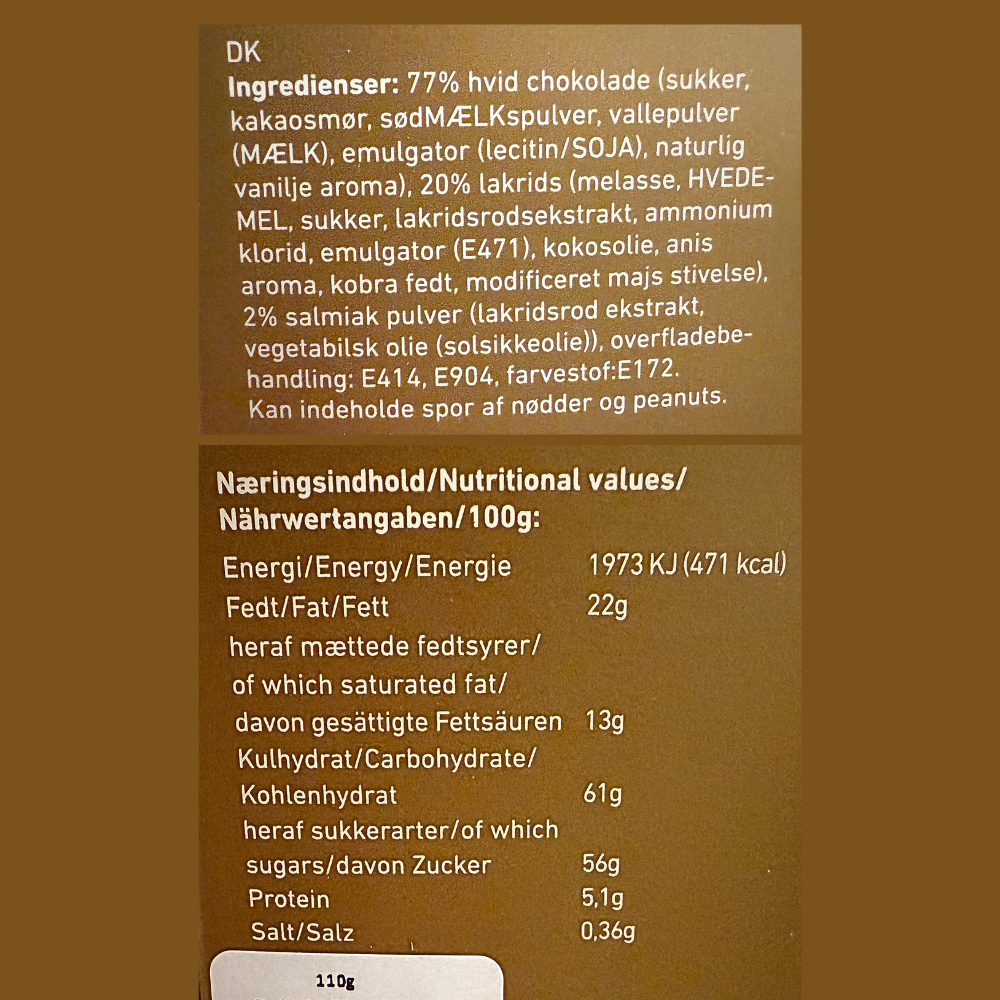 Ingrediensliste og næringsindhold for Lakridseriet Berlin med hvid chokolade og salmiak.