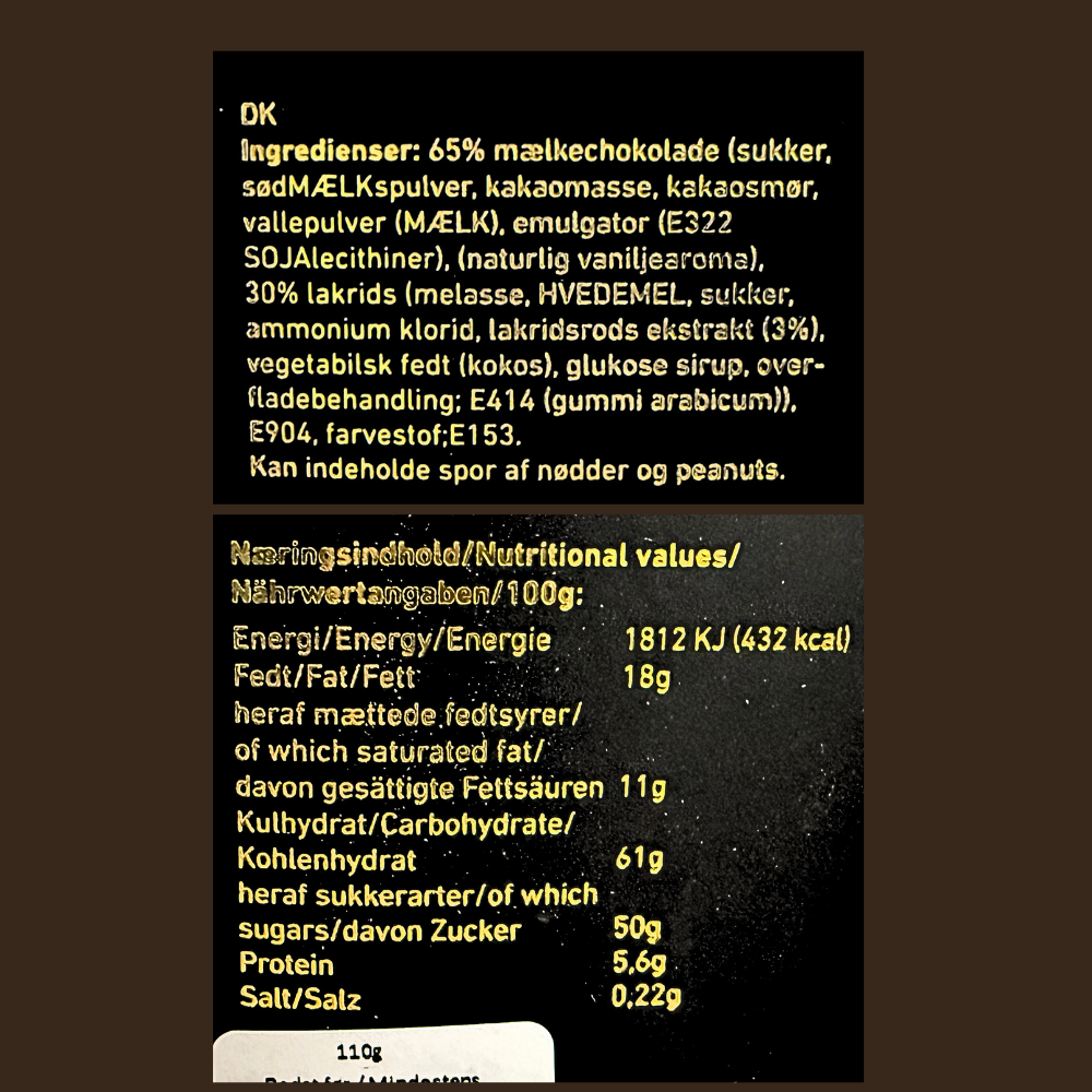 Ingrediensliste og næringsindhold for Lakridseriet Dubai lakrids med mælkechokolade.