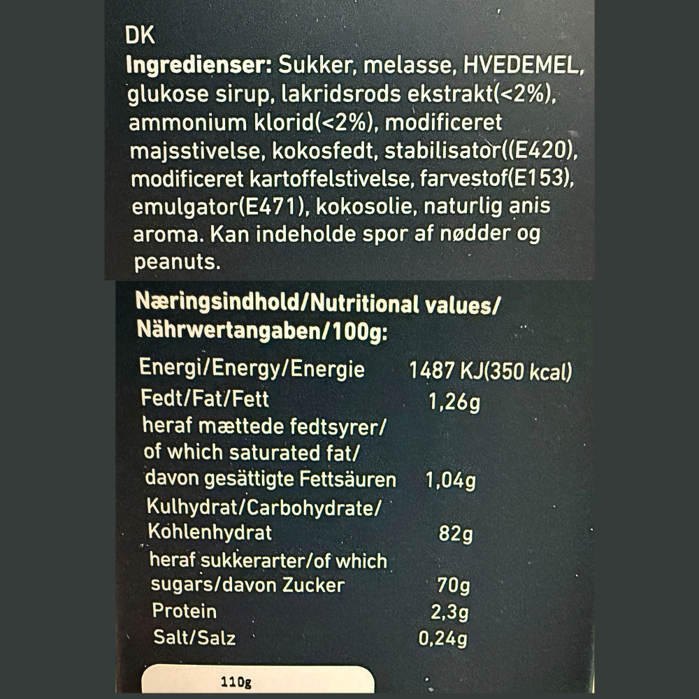 Ingrediensliste og næringsindhold for Milan lakrids fra Lakridseriet med information om energi og fedtindhold.